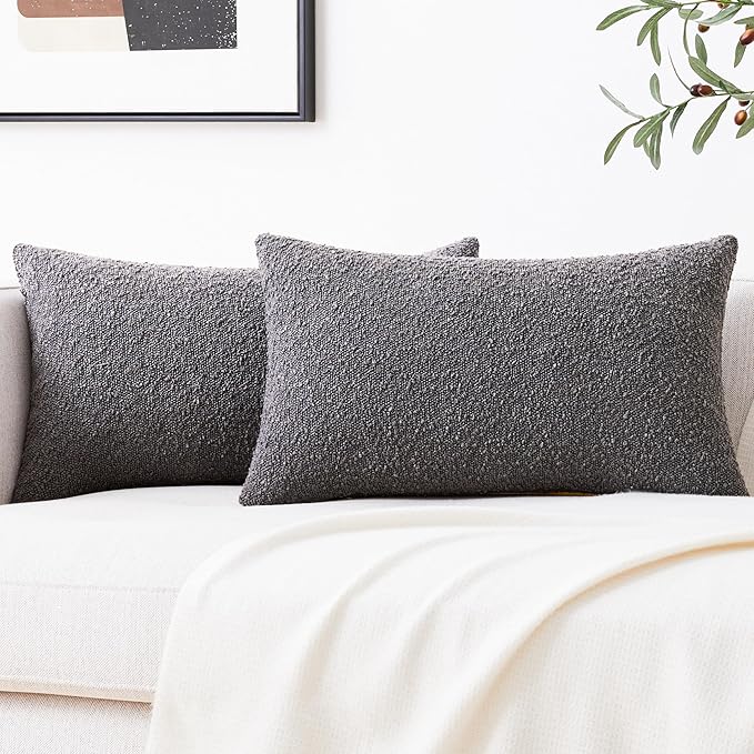 Mixhug Decorative Boucle Throw Pillow Covers, Dark Gray, 12 x 20 Inches, Pack of 2 - Textured Boho Pillow Covers for Couch and Bed
