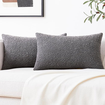 Mixhug Decorative Boucle Throw Pillow Covers, Dark Gray, 12 x 20 Inches, Pack of 2 - Textured Boho Pillow Covers for Couch and Bed