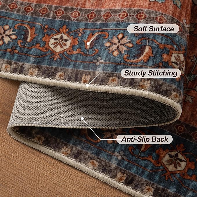 Tangsoo 6x9 Area Rug Washable Rugs for Living Room, Oriental Indoor Non Slip Large Area Rugs, Vintage Print Carpet, Soft Low Pile Foldable Floor Rug for Bedroom Dining Room Dorm Terracotta