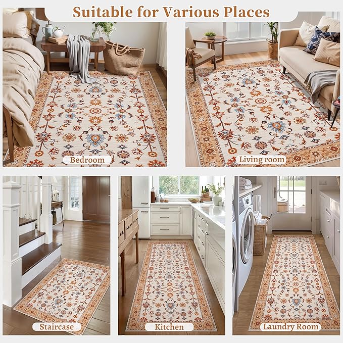 Tangsoo Floral Area Rug 6x9 Machine Washable Orange Rug Non-Slip Vintage Distressed Boho Print, Soft Low Pile Carpet for Living Room, Bedroom, Dining Room, Pet & Child Friendly (Orange Home Decor)