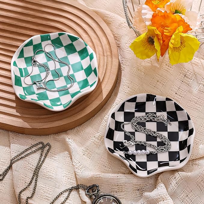 Koythin Ceramic Jewelry Tray, Checkered Pattern Aesthetic Decorative Trinket Dish for Rings, Earrings Necklaces Bracelet Watch Holder, Small Key Bowl, Birthday Mother's Day for Women (Black)