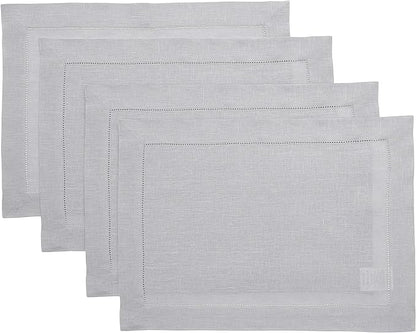 Solino Home Linen Placemats Set of 4 - Classic Hemstitch Soft Grey Placemats 14 x 19 Inch - 100% Pure Linen Table Mats for Winter, New Year