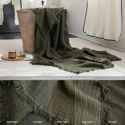 FOSSA Muslin Blanket with Fringe - 4-Layer 100% Cotton Gauze Super Soft & Breathable Throw -Lightweight Decorative Cooling Blanket for Bed, Sofa, Office -Oversize Queen Size 98" × 98" (Olive Green)