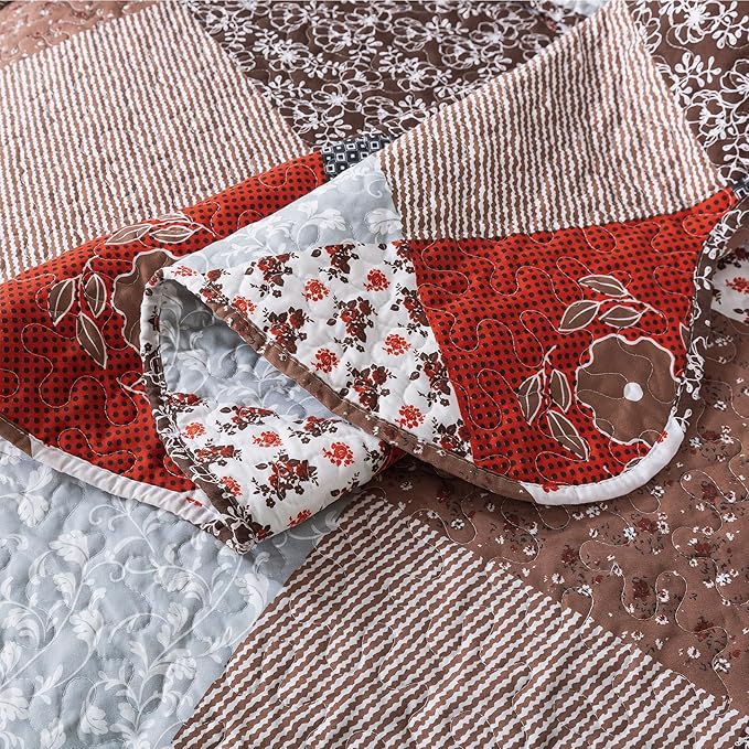 HoneiLife Quilt Set Queen Size - 3 Piece Microfiber Bedspread Reversible Coverlet Patchwork Bedding Set Lightweight Bedcover Floral Bedspreads All Season Quilts-Amaranth Red