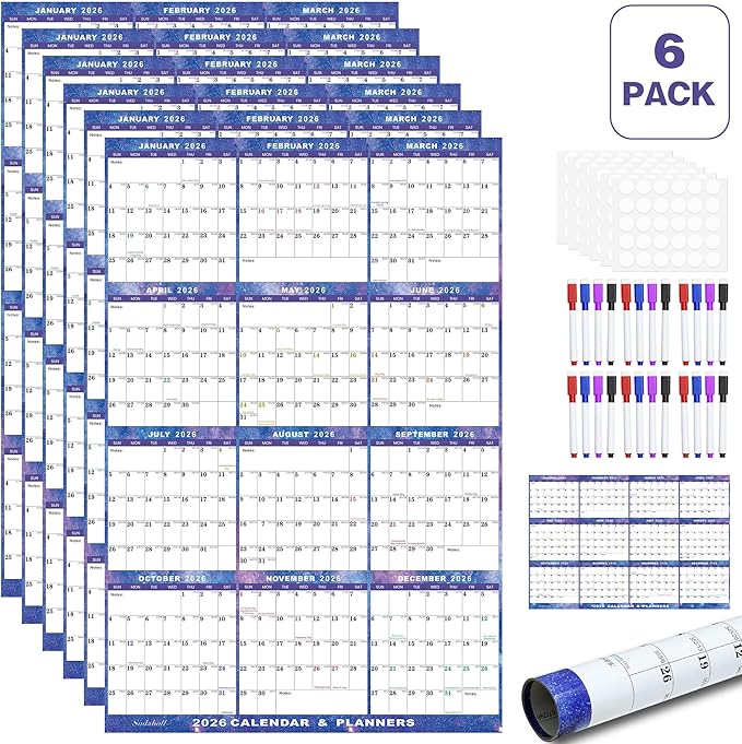 6pcs 24" x 36" 2026 Wall Calendar Dry Erase - Large Starry Sky Calendar Wet & Dry Erasable Laminated 12 Month Annual Yearly Planner, Reversible, Horizontal/Vertical (2026 Wall Calendar)