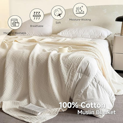 Simple&Opulence 100% Cotton Muslin Blanket, Lightweight Breathable 4 Layering Soft Cotton Throw Blanket,Gauze Blanket for Bed Couch Camping All-Season Use (Off White, 50"x60")