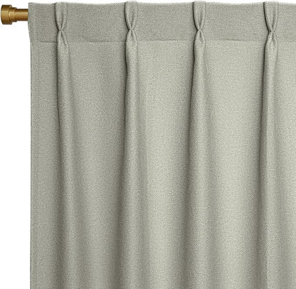 Joydeco Greyish White Pinch Pleated Thick Linen Curtains 96 Inch Long 2 Panel Set for Living Room, Double-Faced Curtain for Bedroom, Back Tab Blackout Drapes with Adjustable Hooks (40”W x96”L)