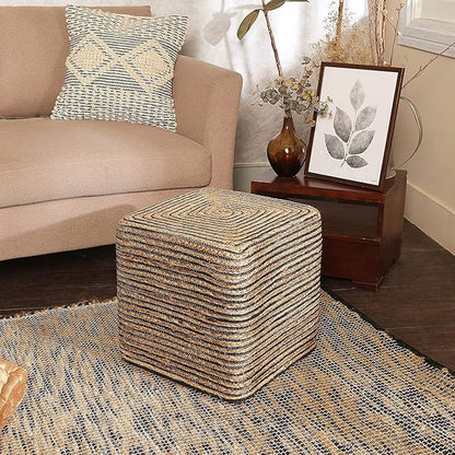 REDEARTH · Cube Pouf Foot Stool Ottoman - Jute Braided Pouffe Poof Accent Sitting Footrest for The Living Room, Bedroom, Nursery, Patio, Lounge 50% Jute 50% Cotton (14.5”X14.5”X16”; Natural Black)