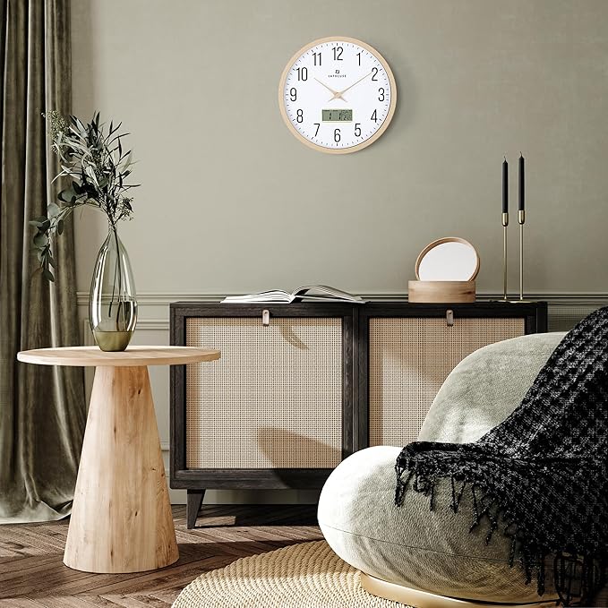 Lafocuse 12 Inch Silent Beige Wall Clock with Time Day Date Temperature, Battery Operated Wall Clock Analog and Digital with Calendar for Kitchen Living Room Home Décor