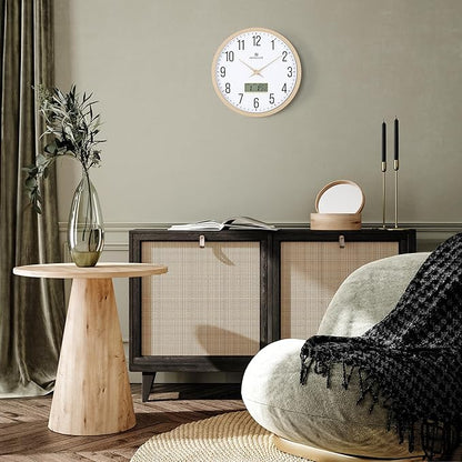 Lafocuse 12 Inch Silent Beige Wall Clock with Time Day Date Temperature, Battery Operated Wall Clock Analog and Digital with Calendar for Kitchen Living Room Home Décor