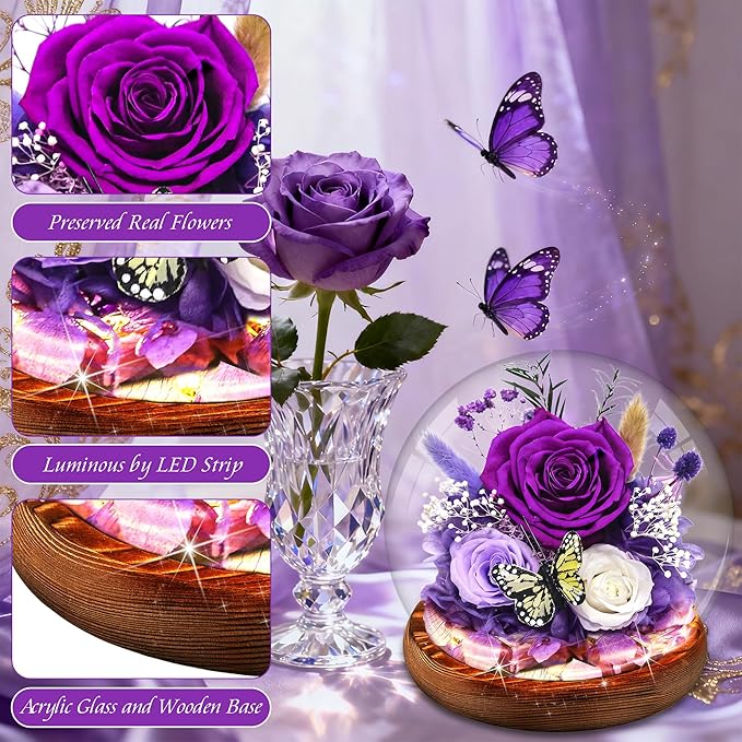 Purple Rose Valentines Day Gifts for her | Forever Rose Gift for Grandma Mom Birthday | Flowers for Delivery Long-Lasting Real Flowers in Glass Dome | Gifts for Women Birthday Mothers Day Christmas