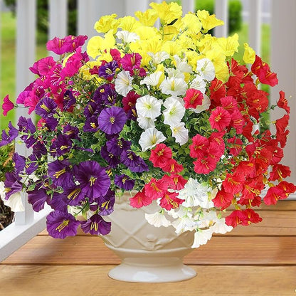 Artificial Flowers for Outdoors 12 Bundles Realistic Faux Plants UV Resistant Fake Silk Morning Glory with Eucalyptus for Front Door Planter Patio Porch Spring Summer Decoration (6 Mixed Color)