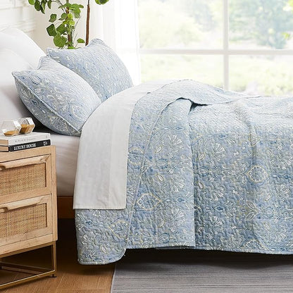 Southshore Fine Living, Inc. Boho Quilt Set, Lightweight Bedspread, Summer Coverlet, 3-Piece Paisley Bedding Set with Two Matching Pillow Shams, California/King Quilts, Blue Paisley