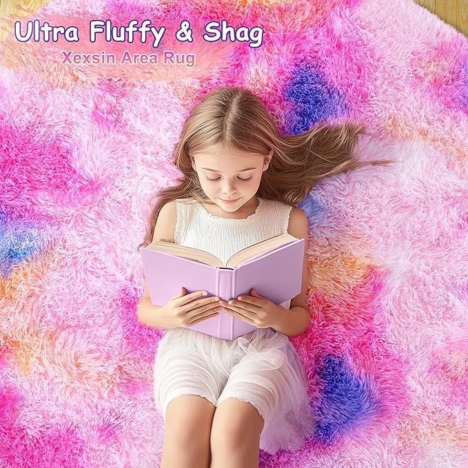 Round Fluffy Rugs 3Ft for Girls Bedroom, Dark Rainbow Shag Circle Kids Rug Non-Slip for Bedside Dorm Nursery Playroom, Soft Cute Area Rugs for Living Room Decor
