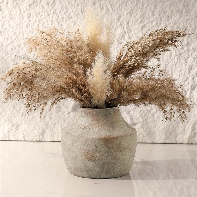 Mitt&Ditt Ceramic Flower Vase, 5.3 inch Pottery Farmhouse Rustic Vase, Handcrafted Weathered Vases, Small Flower Terracotta Vases for Home Decor, Living Room, Table, Shelf, Mantel, Neutral