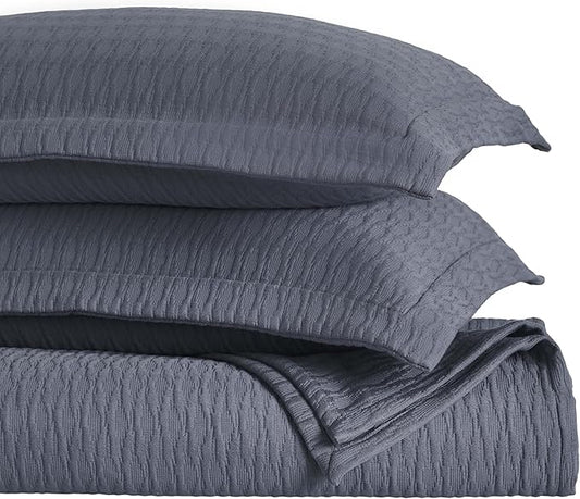 Superior 3 Piece Cotton Bedspread Set, Home Decor, Decorative Bed Spread, 2 Pillow Shams, Medium Weight Blanket, Matelasse Coverlet, Bedding Essentials, Calvert Collection, California King, Denim Blue