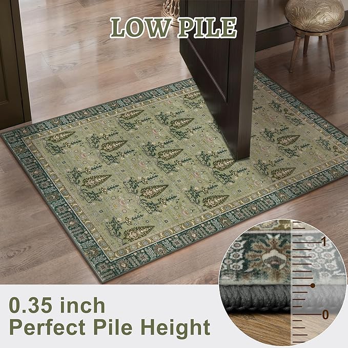 Tangsoo 5x7 Washable Area Rug for Living Room,Non Slip Vintage Boho Green Floral Indoor Rug for Bedroom Office, Soft Low Pile Foldable Floor Rugs for Dining Room Nursery Home Decor