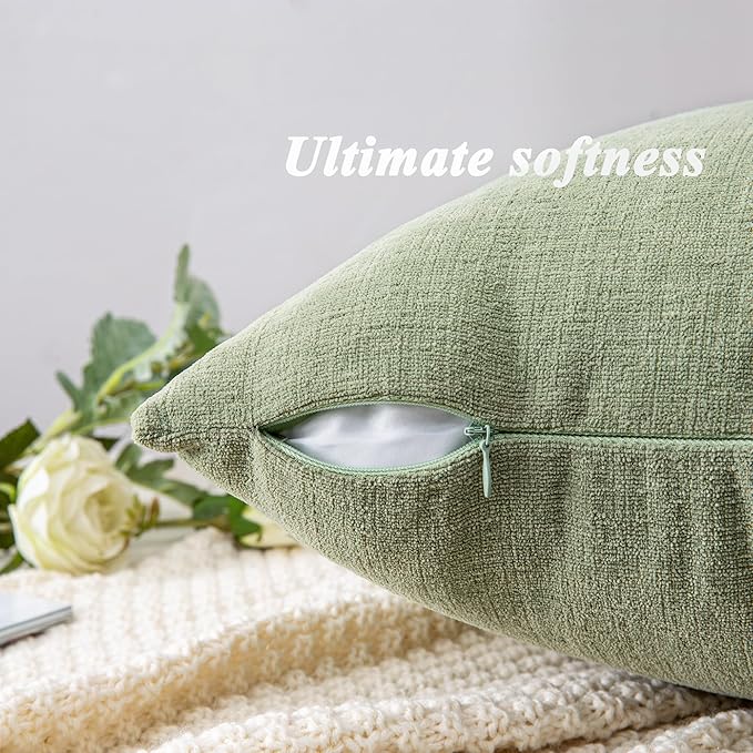GAWAMAY Decorative Square Throw Pillow Covers 18"x18" Inch Set of 4, Super Soft Chenille Pillows Farmhouse Fall Pillowcase for Living Room Bedroom Sofa Couch Cushion Cover Sage Green 45x45cm