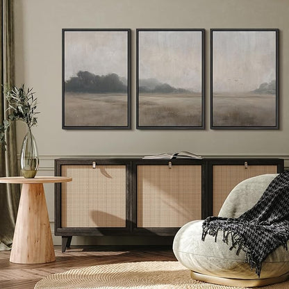 MUDECOR Framed Wall Art Print Set Serene MeadowTranquil Landscape with Foggy Fields and Distant Trees Illustrations Realism Decorative for Living Room, Bedroom, Office - 24"x36"x3 Black