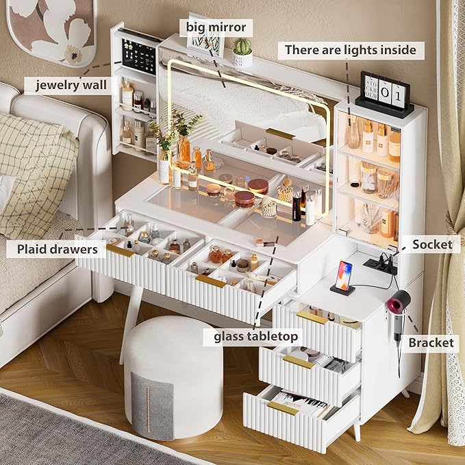 White Makeup Vanity Desk with Lighted Mirror & Power Outlet,3 Color Modes, Brightness Adjustable,Vanity Table with Drawer,Sliding 2 Storage Wall-Mounted Jewelry