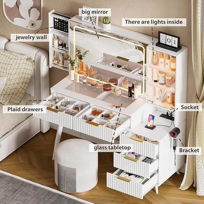White Makeup Vanity Desk with Lighted Mirror & Power Outlet,3 Color Modes, Brightness Adjustable,Vanity Table with Drawer,Sliding 2 Storage Wall-Mounted Jewelry