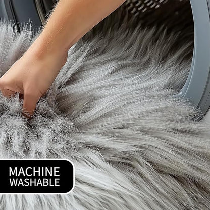 3 ft Round Fluffy Gray Rug – Plush Faux Fur Rug for Bedroom, Living Room, or Nursery – Cozy Faux Sheepskin Home Decor