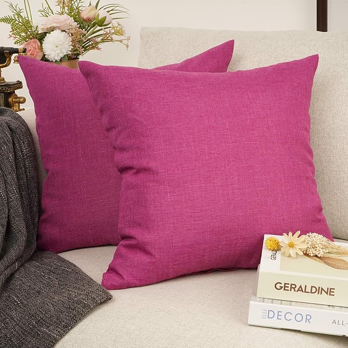 YOUR SMILE Pack of 2 Canves Faux Linen Throw Pillow Covers Square Rustic Farmhouse Decorative Burlap Pillowcases Cushion Covers for Couch Bed Sofa Living Room (Pink, 18'' X 18'')