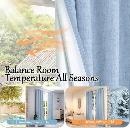 Baby Blue Linen Blackout Curtains for Nursery 80 Inch Length 2 Panels Set, Thermal Insulated Boho Total Black Out Noise Reducing Bonzer Grommets Window Curtains for Kids Bedroom, Each 38 Inch Wide