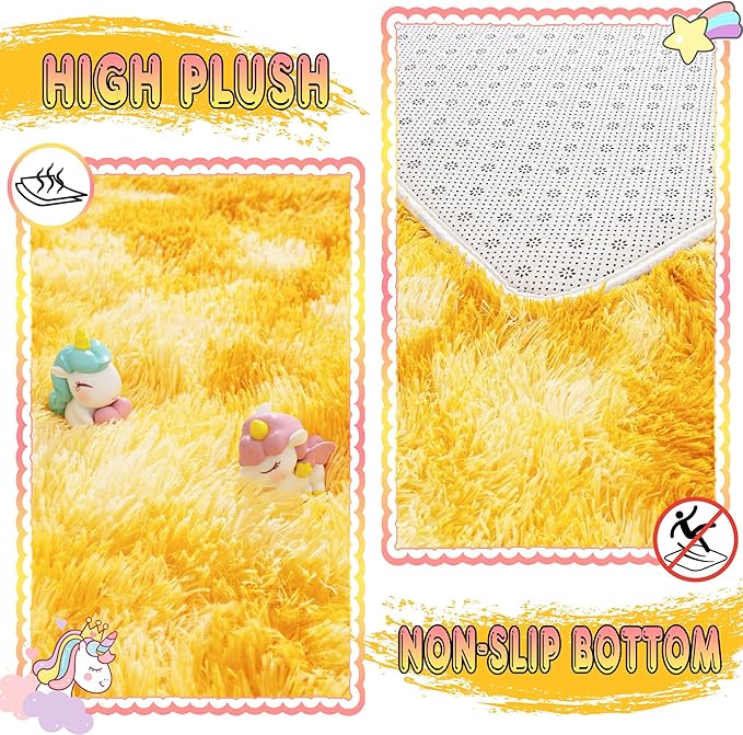 Ultra Fluffy Area Rugs for Living Room Bedroom, 6x9 Fuzzy Large Living Room Rugs, Thick Shag Rug for Dorm, Soft Non Slip Kids Girls Boys Rug for Home Decor Aesthetic, Tie-Dyed Yellow