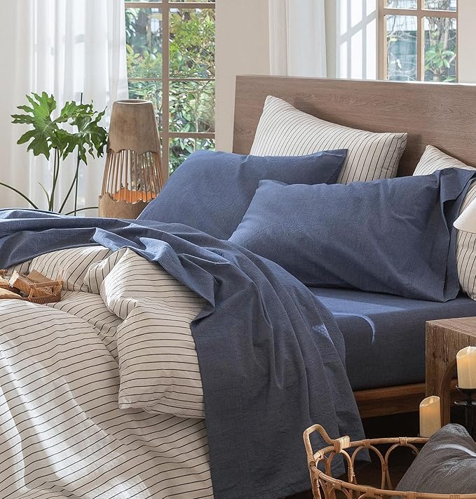 MooMee Bedding Sheet Set 100% Washed Cotton Linen Like Textured Breathable Durable Soft Comfy (Heathered Blue, Twin)