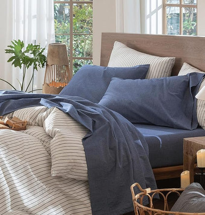 MooMee Bedding Sheet Set 100% Washed Cotton Linen Like Textured Breathable Durable Soft Comfy (Heathered Blue, Full)