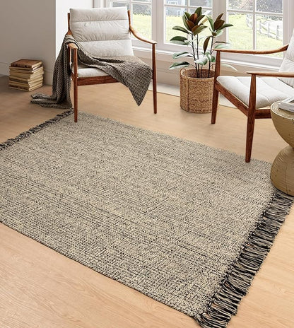 Collive 4x6 Area Rug, Natural/Black Woven Cotton Washable Modern Bedroom Rugs, Boho Dining Room Door Rug Carpet with Tassel for Living Room Nursery Room Office, Outdoor Rug for Patio Hallway Decor