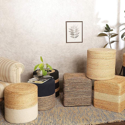 REDEARTH · Cube Pouf Foot Stool Ottoman - Jute Braided Pouffe Poof Accent Sitting Footrest for The Living Room, Bedroom, Nursery, Lounge 50% Jute 50% Cotton Set of 2 (14.5”X14.5”X16”; Natural Black)