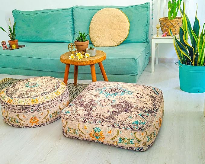 Mandala Life ART Bohemian Floor Cushion Cover Gray Round Meditation Pillow Case Boho Chic Pouf Ottoman Perfect Vintage Cushion for Living Room, Bedroom, Nursary or Children Room Cotton 24x8 Unstuffed