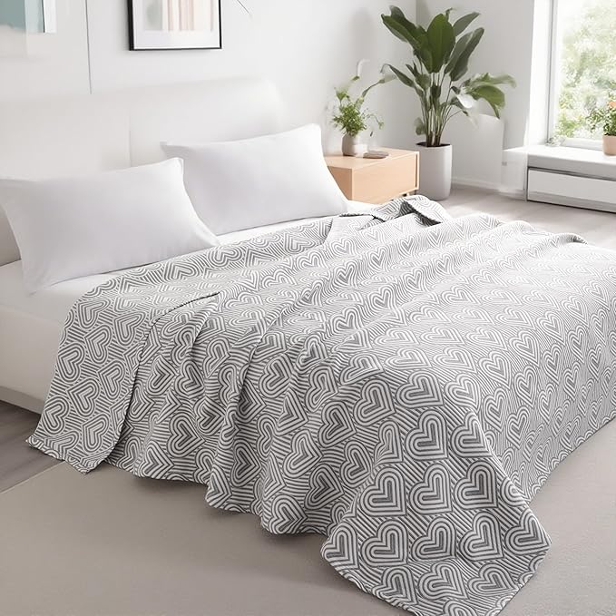 NTBAY 3 Layers Cotton Muslin 88x92 Queen Bed Blanket, Super Soft Breathable Thermal Yarn Dyed Quilt for Adults, Perfect Lightweight Blanket for Couch Sofa Bed All Seasons, Grey Heart