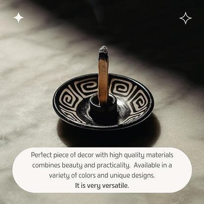 Luna Sundara Authentic Peru Pottery Palo Santo Stick Holder and Incense Holder with 5 Palo Santo Sticks Handmade Ceramic Smudge Bowl Sage Holder Black and White Maze Gift Set
