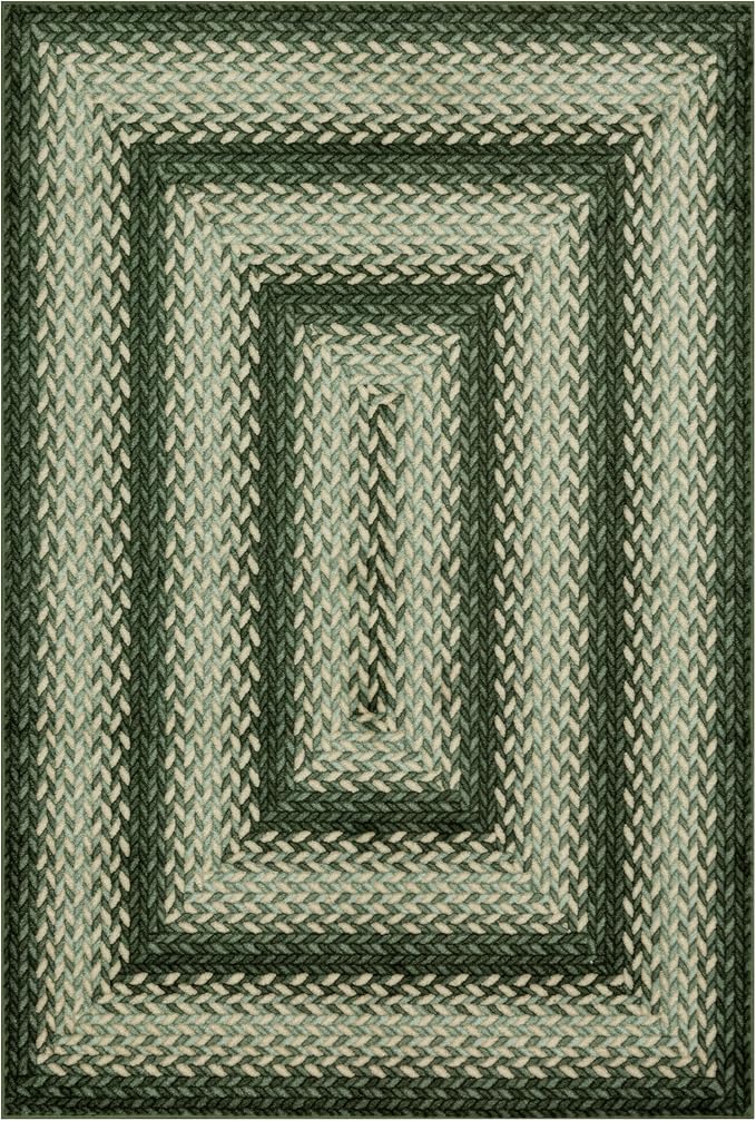 Maples Rugs Marion Bohemian Braided Design Print Area Rug – Made in USA – Low Pile, Non Slip Pet-Friendly Mat for Bedroom, Office, Living & Dining Room, 5' x 7', Green