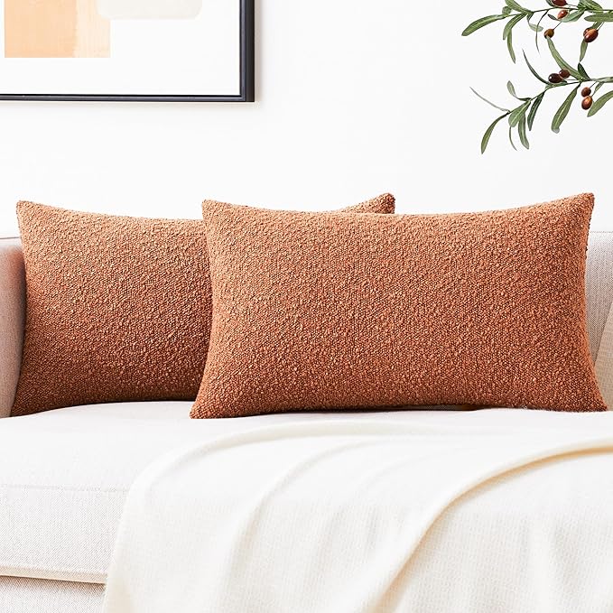 Mixhug Decorative Boucle Throw Pillow Covers, Rust, 12 x 20 Inches, Pack of 2 - Textured Boho Pillow Covers for Couch and Bed
