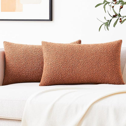Mixhug Decorative Boucle Throw Pillow Covers, Rust, 12 x 20 Inches, Pack of 2 - Textured Boho Pillow Covers for Couch and Bed