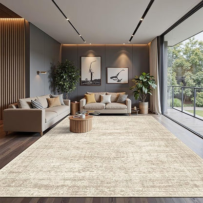10x14 Area Rugs for Living Room, Non Slip Machine Washable Vintage Rugs, Low Pile Lightweight Large Rug for Bedroom, Dining Room, Home Office Beige