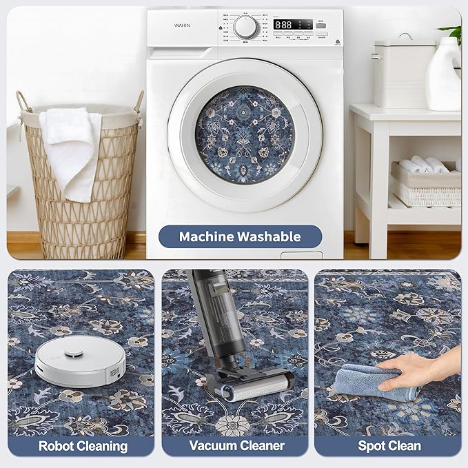 Tangsoo 8x10 Large Area Rug for Living Room, Non Slip Machine Washable Rug for Bedroom, Boho Distressed Vintage Blue Floral Rugs, Soft Indoor Floor Carpet Mat for Office Kitchen Farmhouse Home Decor