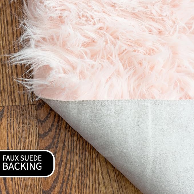 Super Area Rugs Ultra Soft & Fluffy Faux Sheepskin Rug, Light Pink 5 X 5 Round Carpet for Bedroom Living Room