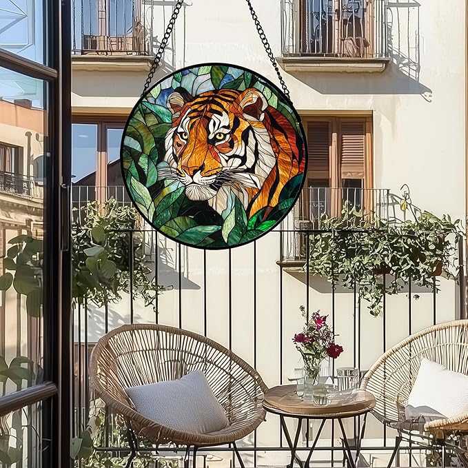Stained Glass Window Hanging, Fierce Tiger Sun Catcher for Door Home Decor Wild Animals Suncatcher Christmas Mother's Day Birthday Gifts for Women Men Mom and Nana 15 in