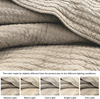 WDCOZY 100% Cotton King Size Quilt Set - Beige Neutral Striped Pick Stitch Soft Lightweight Bedspread, Textured Like Linen, Farmhouse Country Rustic Coverlet, Shabby Chic Gauze Bedding, 3 Pieces