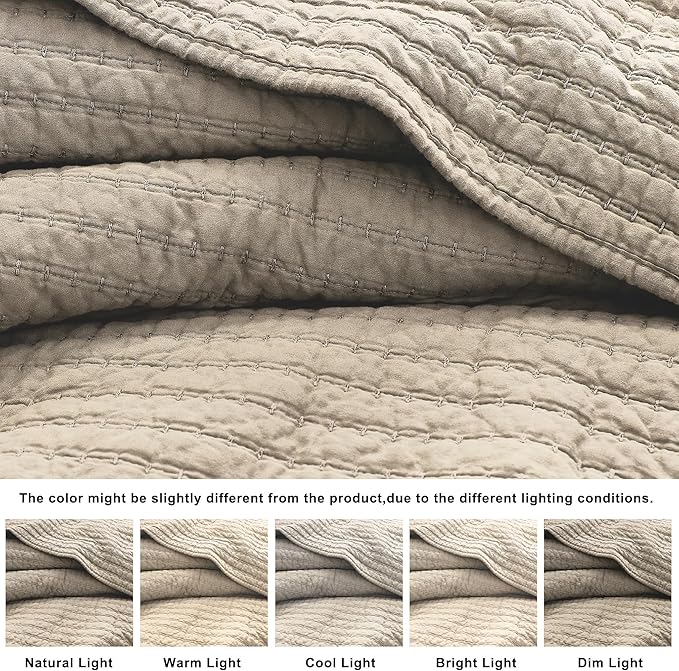 WDCOZY 100% Cotton Queen Size Quilt Set - Beige Neutral Striped Pick Stitch Soft Lightweight Bedspread, Textured Like Linen, Farmhouse Country Rustic Coverlet, Shabby Chic Gauze Bedding, 3 Pieces