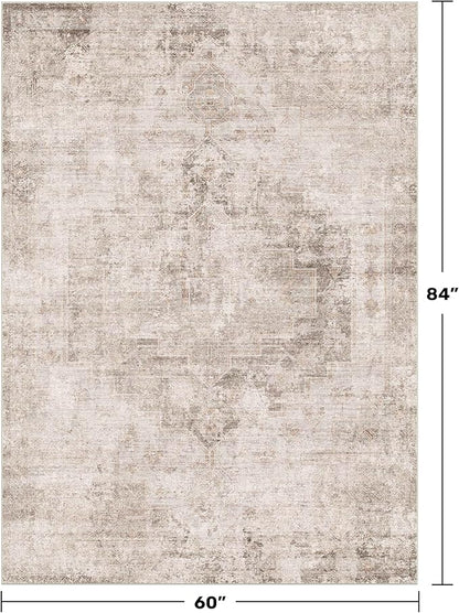 Distressed Farmhouse 5x7 Washable Rug for Living Room, Bedroom, Foyer, Under Dining Table, Neutral Abstract Medallion, Ultra Soft Faux Wool Non Slip Low Pile Stain Resistant, Beige & Brown