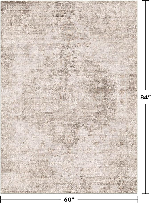 Distressed Farmhouse 5x7 Washable Rug for Living Room, Bedroom, Foyer, Under Dining Table, Neutral Abstract Medallion, Ultra Soft Faux Wool Non Slip Low Pile Stain Resistant, Beige & Brown