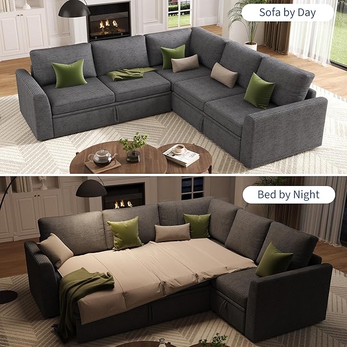 GarveeHome Sectional Sleeper Sofa with Pull Out Bed, Corduroy Modular Sectional Sofa L Shaped 5 Seat Couch with Pull Out Couch and Storage Seat, Convertible Sectional Couches for Living Room