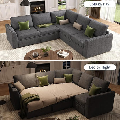 GarveeHome Sectional Sleeper Sofa with Pull Out Bed, Corduroy Modular Sectional Sofa L Shaped 5 Seat Couch with Pull Out Couch and Storage Seat, Convertible Sectional Couches for Living Room
