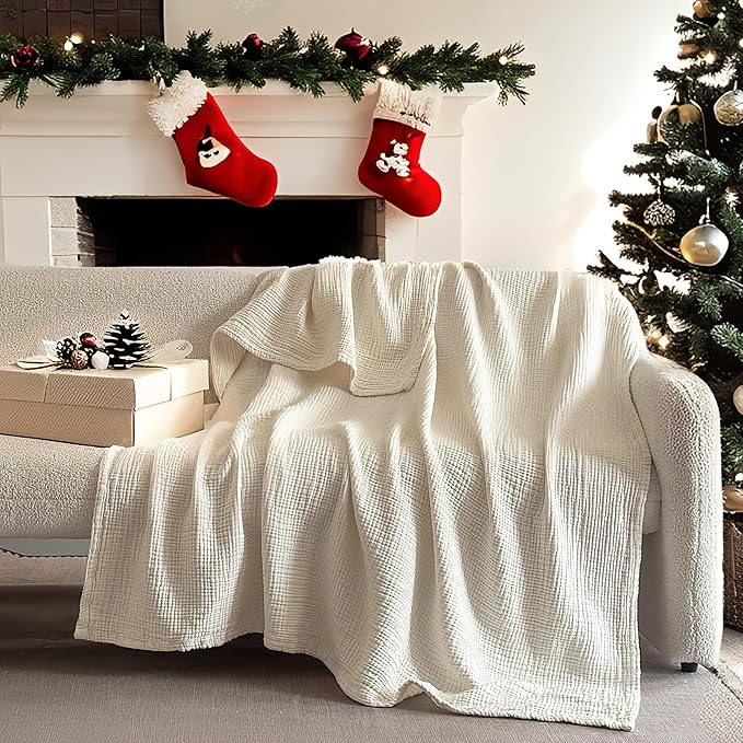 Simple&Opulence 100% Cotton Muslin Blanket, Lightweight Breathable 4 Layering Soft Cotton Throw Blanket,Gauze Blanket for Bed Couch Camping All-Season Use (Off White, 50"x60")